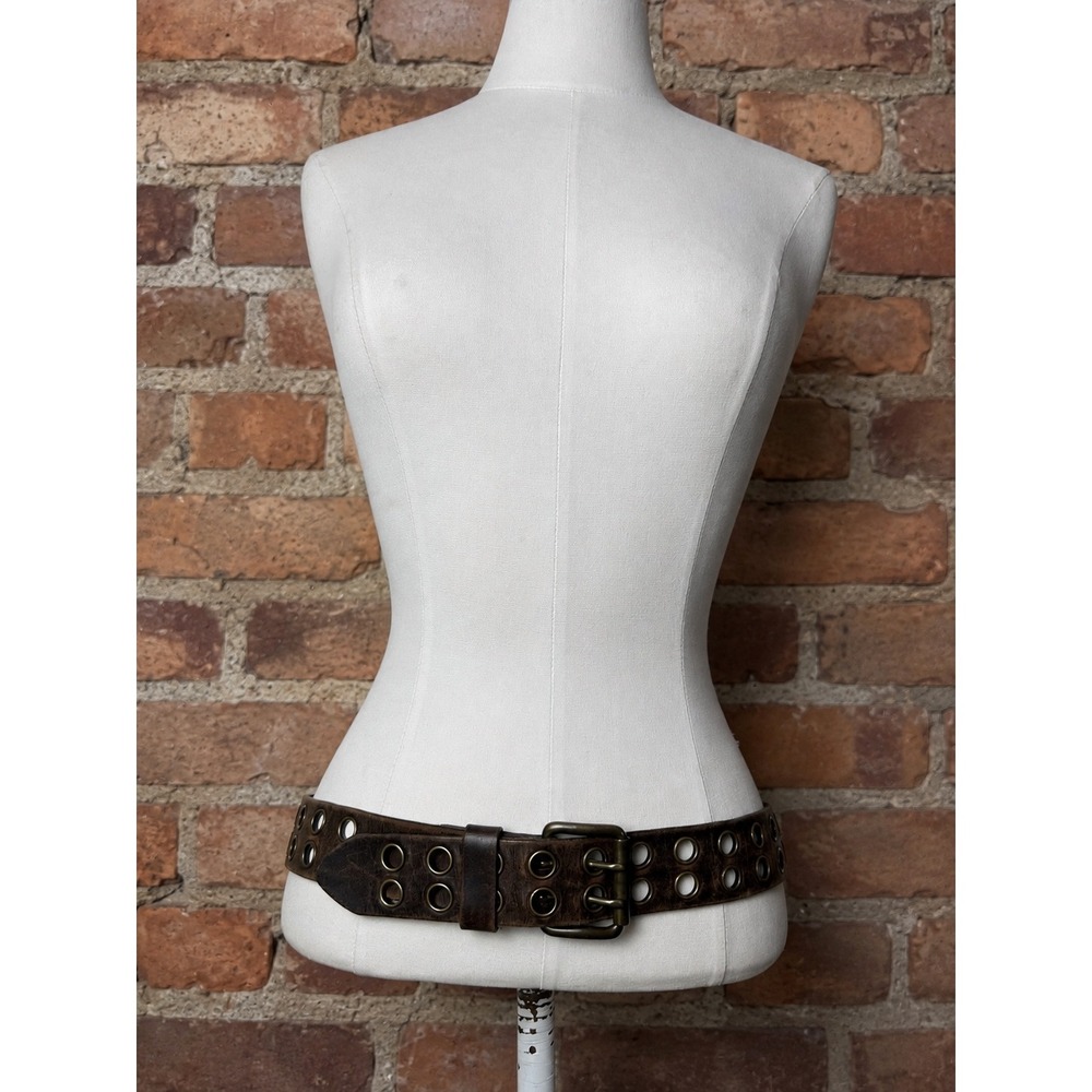 VTG Y2K Distressed Brown Genuine Leather Grommet Belt S Grunge Moto Alt Indie